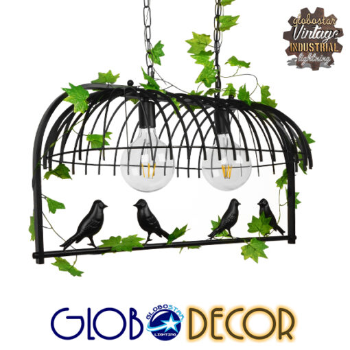 GloboStar® FACET 01643 Vintage Industrial Κρεμαστό Φωτιστικό Οροφής Δίφωτο 2 x E27 Μαύρο Μεταλλικό Πλέγμα Μ73.6 x Π37.5 x Y38cm