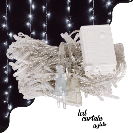 85801 Διακοσμητική Κουρτίνα 3 x 2 Μέτρα με Controller 8 Προγραμμάτων Φωτισμού – Επεκτεινόμενη 240 LED 6W AC 230V με Διάφανο Καλώδιο & Πρίζα Schuko IP20 Ψυχρό Λευκό 6000K Μ3 x Υ2m