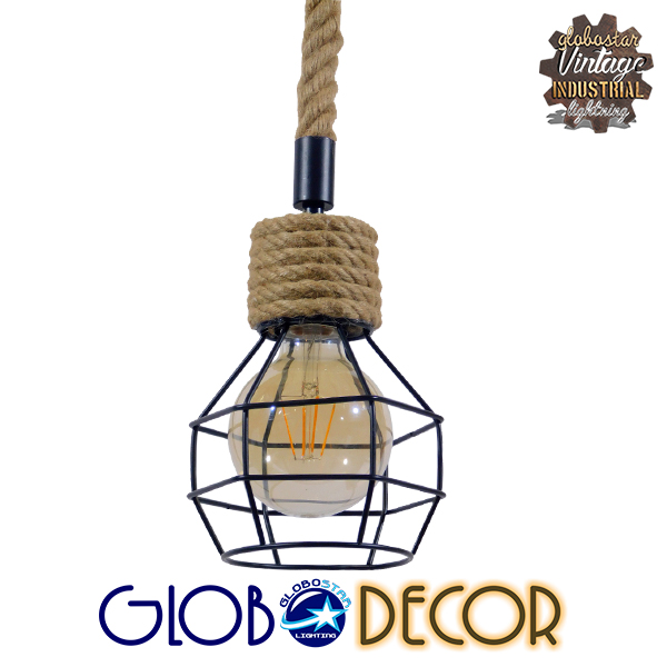 GloboStar® HELLET 01182 Vintage Industrial Κρεμαστό Φωτιστικό Οροφής Μονόφωτο 1 x E27 Μαύρο Μεταλλικό Πλέγμα με Μπεζ Σχοινί Φ16 x Y25cm