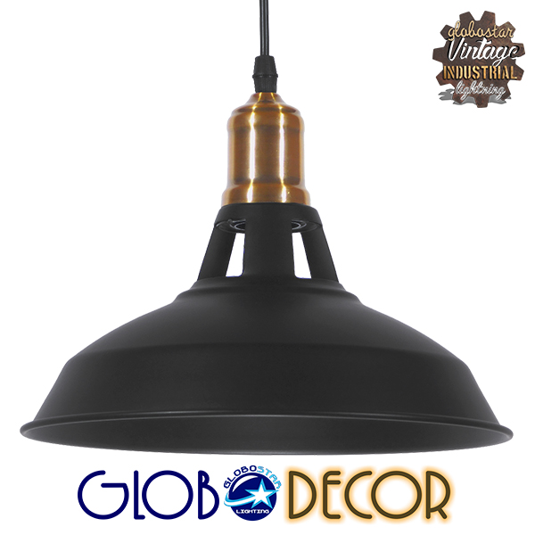 GloboStar® ANER 01073 Vintage Industrial Κρεμαστό Φωτιστικό Οροφής Μονόφωτο Μαύρο Μεταλλικό Καμπάνα Φ28 x Y17cm