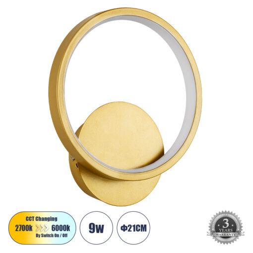 GloboStar® TED 61072 Φωτιστικό Τοίχου – Απλίκα Design LED CCT 9W 1080lm 300° AC 220-240V – Εναλλαγή Φωτισμού μέσω Διακόπτη On/Off All In One Ψυχρό 6000k+Φυσικό 4500k+Θερμό 2700k Μ20 x Π5.5 x Υ23cm – Χρυσό Βούρτσας
