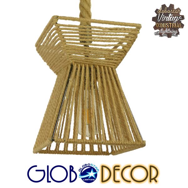 GloboStar® ROUGE 01611 Vintage Κρεμαστό Φωτιστικό Οροφής Μονόφωτο 1 x E27 Πλέγμα με Μπεζ Σχοινί Φ21 x Υ27cm