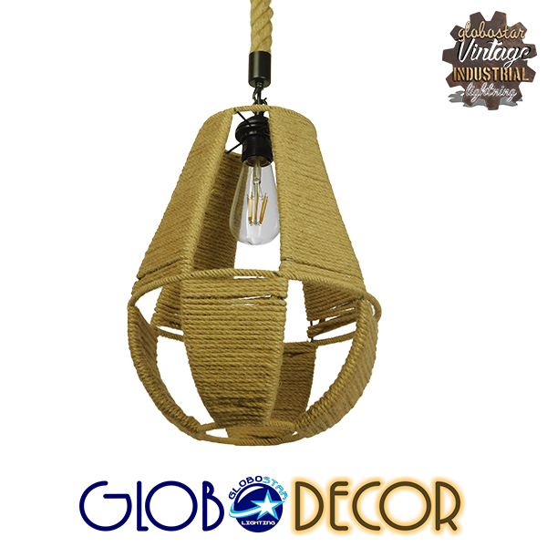 GloboStar® POLIA 01608 Vintage Κρεμαστό Φωτιστικό Οροφής Μονόφωτο 1 x E27 Πλέγμα με Μπεζ Σχοινί Φ30 x Υ42cm