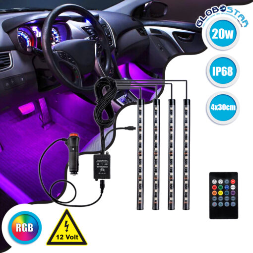 GloboStar® 81842 Car Underglow LED Tube Kit Smart Bluetooth – Κρυφός Φωτισμός Αυτοκινήτου DC 12V 20W με Χειριστήριο Αδιάβροχο IP68 Πολύχρωμο RGB