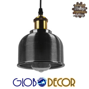 GloboStar® SEGRETO 01449 Vintage Κρεμαστό Φωτιστικό Οροφής Μονόφωτο 1 x E27 Μαύρο Γυάλινο Διάφανο Καμπάνα με Χρυσό Ντουί Φ14 x Υ18cm