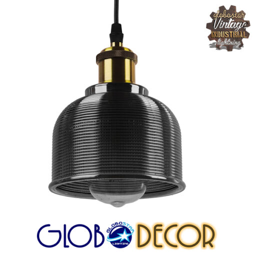 GloboStar® SEGRETO 01449 Vintage Κρεμαστό Φωτιστικό Οροφής Μονόφωτο 1 x E27 Μαύρο Γυάλινο Διάφανο Καμπάνα με Χρυσό Ντουί Φ14 x Υ18cm