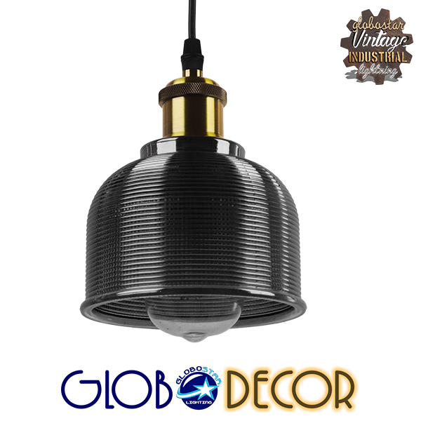GloboStar® SEGRETO 01449 Vintage Κρεμαστό Φωτιστικό Οροφής Μονόφωτο 1 x E27 Μαύρο Γυάλινο Διάφανο Καμπάνα με Χρυσό Ντουί Φ14 x Υ18cm