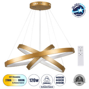 GloboStar® NEMESIS TRIO 61172-DECO Κρεμαστό Φωτιστικό Δαχτυλίδι-Κύκλος LED CCT 120W 14723lm 360° AC 220-240V – Εναλλαγή Φωτισμού μέσω Τηλεχειριστηρίου All In One Ψυχρό 6000k+Φυσικό 4500k+Θερμό 2700k Dimmable Φ40+60+80cm – Χρυσό Βούρτσας – 3 Years Warranty