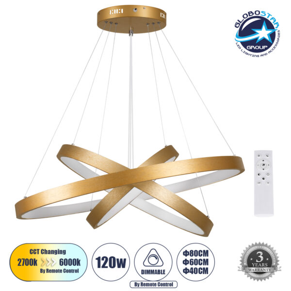 GloboStar® NEMESIS TRIO 61172-DECO Κρεμαστό Φωτιστικό Δαχτυλίδι-Κύκλος LED CCT 120W 14723lm 360° AC 220-240V – Εναλλαγή Φωτισμού μέσω Τηλεχειριστηρίου All In One Ψυχρό 6000k+Φυσικό 4500k+Θερμό 2700k Dimmable Φ40+60+80cm – Χρυσό Βούρτσας – 3 Years Warranty