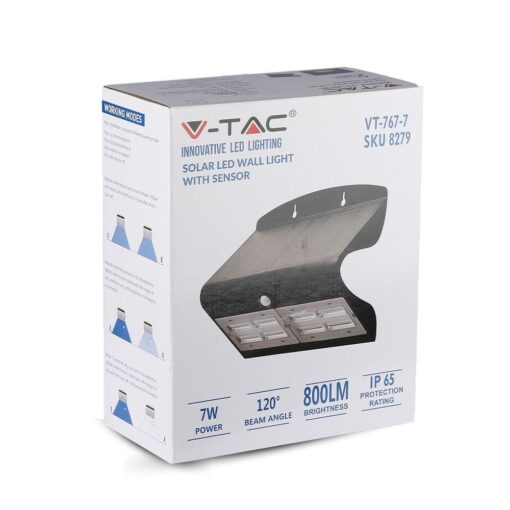 LED Ηλιακό Φωτιστικό 6.8W V-TAC με Αισθητήρα Αδιάβροχο IP65 Μαύρο Πλαστικό Φυσικό Λευκό 4000K – 8279
