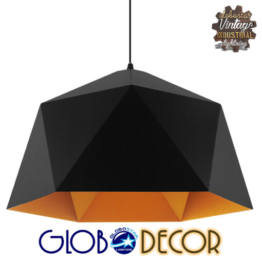 GloboStar® HEXAGON 01195 Μοντέρνο Κρεμαστό Φωτιστικό Οροφής Μονόφωτο Μαύρο – Χρυσό Μεταλλικό Καμπάνα Φ46 x Y25cm