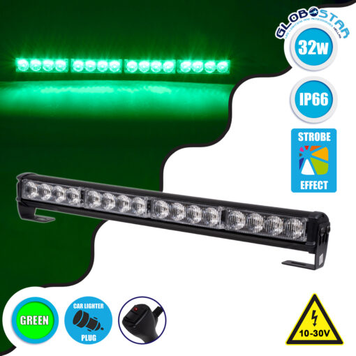GloboStar® 85273 PRO Series Μπάρα Σήμανσης Οχήματος Security – Ασφαλείας για Αυτοκίνητα & Φορτηγά 16 Προγραμμάτων Φωτισμού STROBE LED SMD 3030 32W DC 10-30V Αδιάβροχη IP66 Πράσινο