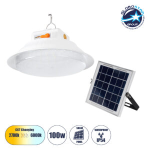 GloboStar® SOLAR-BULB 85350 Αυτόνομη Ηλιακή Κρεμαστή Λάμπα LED Giant Γλόμπος 100W 1000lm 140° 2 Λειτουργιών Ρεύματος με AC 220-240V μέσω USB Αντάπτορα ή με Φωτοβολταικό Panel 6V 12W & Επαναφορτιζόμενη Μπαταρία Li-ion 3.2V 5000mAh – Ενσωματωμένο USB 2.0 Charger Συσκευών DC5V 1000mA – IP54 – Εναλλαγή Φωτισμού μέσω Κουμπιού All In One Ψυχρό 6000k+Φυσικό 4500k+Θερμό 2700k Dimmable – Φ23 x Υ12cm – 2 Years Warranty