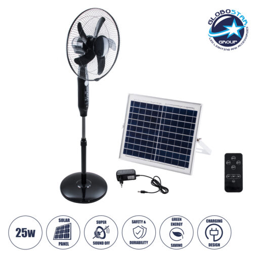 GloboStar® SOLARE-FAN 85358 Solar Fan Αυτόνομος Ηλιακός Επιδαπέδιος Ανεμιστήρας 25W 2 Λειτουργιών Ρεύματος με AC 220-240V ή με Φωτοβολταϊκό Panel 9V 15W & Επαναφορτιζόμενη Μπαταρία Li-ion 7.4V 6000mAh – 12 Ταχύτητες – Ασύρματο Χειριστήριο – Ενσωματωμένο USB 2.0 Charger Συσκευών – IP20 – Μ44 x Π37.5 x Υ132cm – Μαύρο – 2 Years Warranty