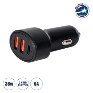 GloboStar® 85436 Φορτιστής Αναπτήρα Αυτοκινήτου Γρήγορης Φόρτισης PD 36W 6A με 2 Θύρες USB και 1 Θύρα Type-C Μαύρο