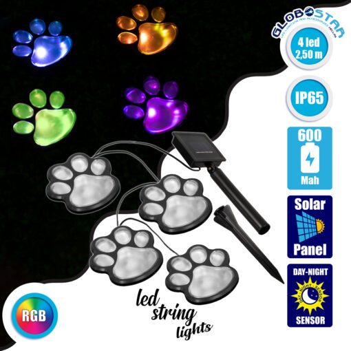 GloboStar® 85700 Διακοσμητική Γιρλάντα Anime Footprints 2.5 Μέτρων με Controller 8 Προγραμμάτων Φωτισμού – 4 LED 2W με Ενσωματωμένη Μπαταρία 600mAh – Φωτοβολταϊκό Πάνελ – Αισθητήρα Ημέρας-Νύχτας – Βάση Κήπου & Μαύρο Καλώδιο Αδιάβροχη IP65 Πολύχρωμη RGB Μ2