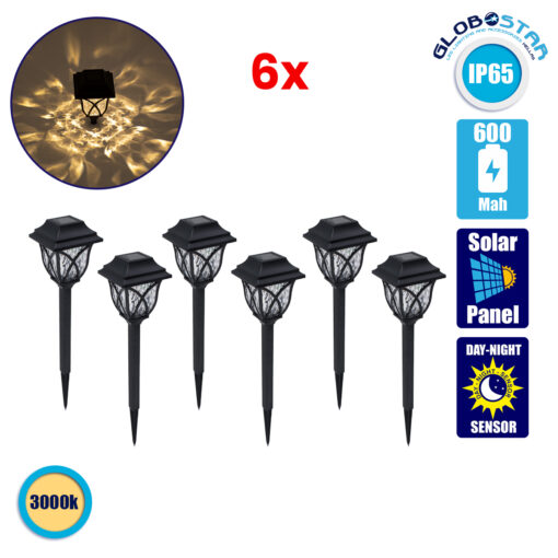 GloboStar® 85702 ΣΕΤ 6 Τεμαχίων Αυτόνομα Ηλιακά Φωτιστικά LED SMD 1W 100lm με Ενσωματωμένη Μπαταρία 600mAh – Φωτοβολταϊκό Πάνελ με Αισθητήρα Ημέρας-Νύχτας Αδιάβροχο IP65 Φανάρι Κήπου Τετράγωνο Θερμό Λευκό 3000K