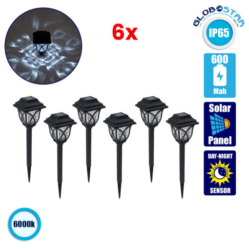 GloboStar® 85703 ΣΕΤ 6 Τεμαχίων Αυτόνομα Ηλιακά Φωτιστικά LED SMD 1W 100lm με Ενσωματωμένη Μπαταρία 600mAh – Φωτοβολταϊκό Πάνελ με Αισθητήρα Ημέρας-Νύχτας Αδιάβροχο IP65 Φανάρι Κήπου Τετράγωνο Λευκό Λευκό 6000K