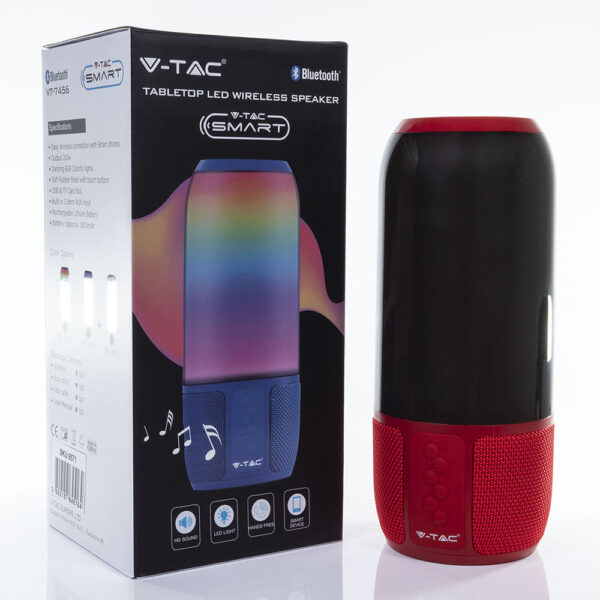 Φορητό Ασύρματο Ηχείο- Φωτιστικό Γραφείου Bluetooth με Μπαταρία και RGB LED Φωτισμό 6W V-TAC Κόκκινο – 8571