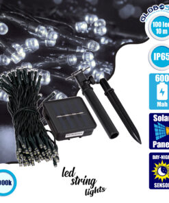 GloboStar® 85808 Διακοσμητική Γιρλάντα 10 Μέτρων με Controller 8 Προγραμμάτων Φωτισμού – 100 LED 4W με Ενσωματωμένη Μπαταρία 600mAh – Φωτοβολταϊκό Πάνελ – Αισθητήρα Ημέρας-Νύχτας – Βάση Κήπου & Σκούρο Πράσινο Καλώδιο Αδιάβροχη IP65 Ψυχρό Λευκό 6000K Μ10m