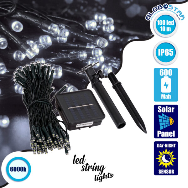 GloboStar® 85808 Διακοσμητική Γιρλάντα 10 Μέτρων με Controller 8 Προγραμμάτων Φωτισμού – 100 LED 4W με Ενσωματωμένη Μπαταρία 600mAh – Φωτοβολταϊκό Πάνελ – Αισθητήρα Ημέρας-Νύχτας – Βάση Κήπου & Σκούρο Πράσινο Καλώδιο Αδιάβροχη IP65 Ψυχρό Λευκό 6000K Μ10m