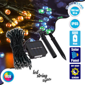 GloboStar® 85809 Διακοσμητική Γιρλάντα 10 Μέτρων με Controller 8 Προγραμμάτων Φωτισμού – 100 LED 4W με Ενσωματωμένη Μπαταρία 600mAh – Φωτοβολταϊκό Πάνελ – Αισθητήρα Ημέρας-Νύχτας – Βάση Κήπου & Σκούρο Πράσινο Καλώδιο Αδιάβροχη IP65 Πολύχρωμη RGB Μ10m