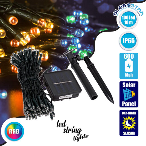 GloboStar® 85809 Διακοσμητική Γιρλάντα 10 Μέτρων με Controller 8 Προγραμμάτων Φωτισμού – 100 LED 4W με Ενσωματωμένη Μπαταρία 600mAh – Φωτοβολταϊκό Πάνελ – Αισθητήρα Ημέρας-Νύχτας – Βάση Κήπου & Σκούρο Πράσινο Καλώδιο Αδιάβροχη IP65 Πολύχρωμη RGB Μ10m