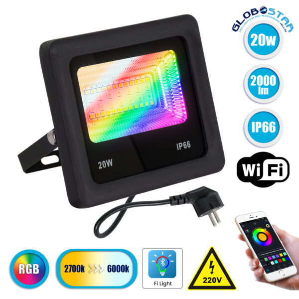 GloboStar® 85815 Προβολέας Εξωτερικός LED SMD 5050 & 2835 20W 2000lm 180° AC 230V WiFi με Ασύρματο Wireless Bluetooth Αδιάβροχος IP66 Πολύχρωμος RGB+CCT Θερμό Λευκό 3000K – Λευκό Ημέρας 4500K – Ψυχρό Λευκό 6000K