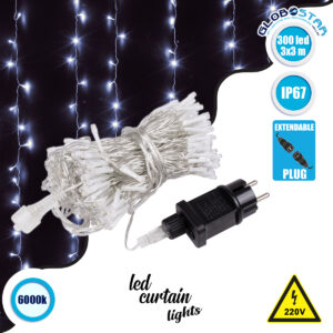 GloboStar® 85828 Διακοσμητική Κουρτίνα 3 x 3 Μέτρα με Controller 8 Προγραμμάτων Εναλλαγών Φωτισμού – Επεκτεινόμενη 300 LED 8W AC 230V με Διάφανο Καλώδιο & Πρίζα Schuko Αδιάβροχη IP67 Ψυχρό Λευκό 6000K Μ3 x Υ3m