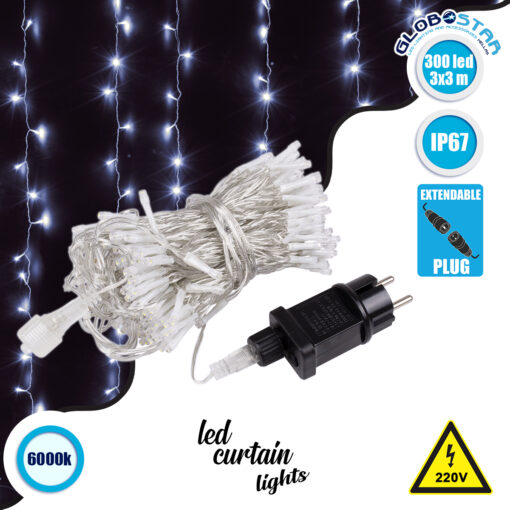 GloboStar® 85828 Διακοσμητική Κουρτίνα 3 x 3 Μέτρα με Controller 8 Προγραμμάτων Εναλλαγών Φωτισμού – Επεκτεινόμενη 300 LED 8W AC 230V με Διάφανο Καλώδιο & Πρίζα Schuko Αδιάβροχη IP67 Ψυχρό Λευκό 6000K Μ3 x Υ3m