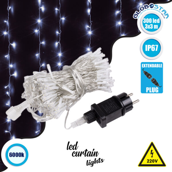 GloboStar® 85828 Διακοσμητική Κουρτίνα 3 x 3 Μέτρα με Controller 8 Προγραμμάτων Εναλλαγών Φωτισμού – Επεκτεινόμενη 300 LED 8W AC 230V με Διάφανο Καλώδιο & Πρίζα Schuko Αδιάβροχη IP67 Ψυχρό Λευκό 6000K Μ3 x Υ3m