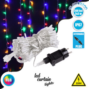 GloboStar® 85829 Διακοσμητική Κουρτίνα 3 x 3 Μέτρα με Controller 8 Προγραμμάτων Φωτισμού – Επεκτεινόμενη 300 LED 8W AC 230V με Διάφανο Καλώδιο & Πρίζα Schuko Αδιάβροχη IP67 Πολύχρωμο RGB Μ3 x Υ3m