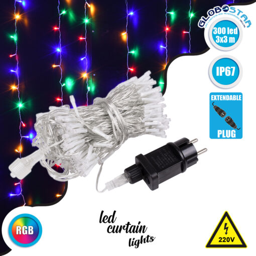 GloboStar® 85829 Διακοσμητική Κουρτίνα 3 x 3 Μέτρα με Controller 8 Προγραμμάτων Φωτισμού – Επεκτεινόμενη 300 LED 8W AC 230V με Διάφανο Καλώδιο & Πρίζα Schuko Αδιάβροχη IP67 Πολύχρωμο RGB Μ3 x Υ3m