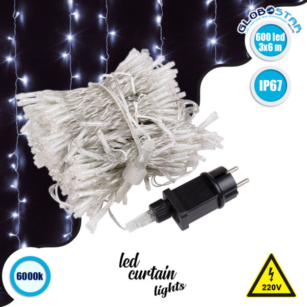 GloboStar® 85831 Διακοσμητική Κουρτίνα 3 x 6 Μέτρα με Controller 8 Προγραμμάτων Εναλλαγών Φωτισμού – Επεκτεινόμενη 600 LED 16W AC 230V με Διάφανο Καλώδιο & Πρίζα Schuko Αδιάβροχη IP67 Ψυχρό Λευκό 6000K Μ3 x Υ6m