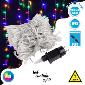 GloboStar® 85832 Διακοσμητική Κουρτίνα 3 x 6 Μέτρα με Controller 8 Προγραμμάτων Φωτισμού – Επεκτεινόμενη 600 LED 16W AC 230V με Διάφανο Καλώδιο & Πρίζα Schuko Αδιάβροχη IP67 Πολύχρωμο RGB Μ3 x Υ6m