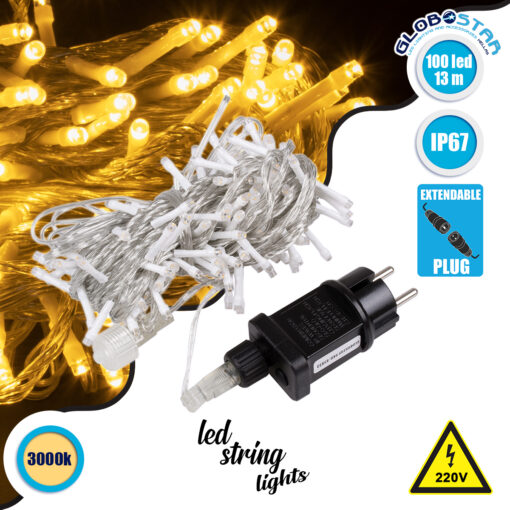 GloboStar® 85833 Διακοσμητική Γιρλάντα 13 Μέτρα με Controller 8 Προγραμμάτων Εναλλαγών Φωτισμού – Επεκτεινόμενη 100 LED 6W AC 230V με Διάφανο Καλώδιο & Πρίζα Schuko Αδιάβροχη IP67 Θερμό Λευκό 3000K Μ13m