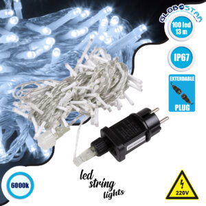 GloboStar® 85834 Διακοσμητική Γιρλάντα 13 Μέτρα με Controller 8 Προγραμμάτων Εναλλαγών Φωτισμού – Επεκτεινόμενη 100 LED 6W AC 230V με Διάφανο Καλώδιο & Πρίζα Schuko Αδιάβροχη IP67 Ψυχρό Λευκό 6000K Μ13m