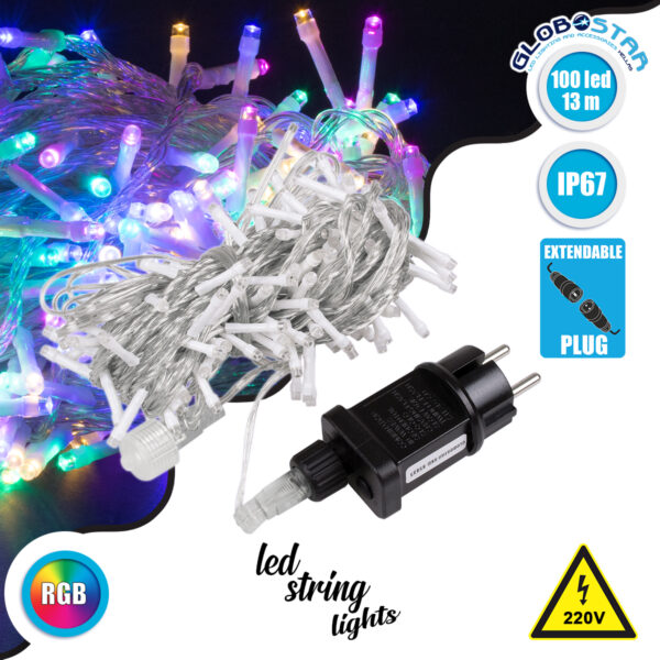 GloboStar® 85835 Διακοσμητική Γιρλάντα 13 Μέτρα με Controller 8 Προγραμμάτων Εναλλαγών Φωτισμού – Επεκτεινόμενη 100 LED 6W AC 230V με Διάφανο Καλώδιο & Πρίζα Schuko Αδιάβροχη IP67 RGB Μ13m