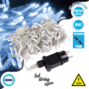 GloboStar® 85837 Διακοσμητική Γιρλάντα 23 Μέτρα με Controller 8 Προγραμμάτων Εναλλαγών Φωτισμού – Επεκτεινόμενη 200 LED 12W AC 230V με Διάφανο Καλώδιο & Πρίζα Schuko Αδιάβροχη IP67 Ψυχρό Λευκό 6000K Μ23m