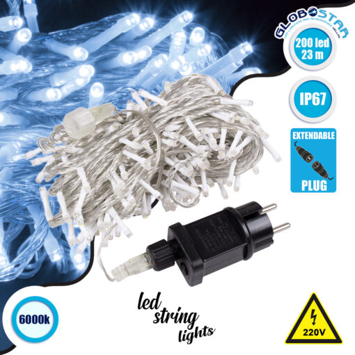 GloboStar® 85837 Διακοσμητική Γιρλάντα 23 Μέτρα με Controller 8 Προγραμμάτων Εναλλαγών Φωτισμού – Επεκτεινόμενη 200 LED 12W AC 230V με Διάφανο Καλώδιο & Πρίζα Schuko Αδιάβροχη IP67 Ψυχρό Λευκό 6000K Μ23m