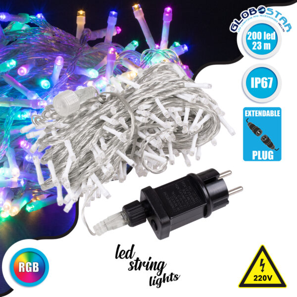 GloboStar® 85838 Διακοσμητική Γιρλάντα 23 Μέτρα με Controller 8 Προγραμμάτων Εναλλαγών Φωτισμού – Επεκτεινόμενη 200 LED 12W AC 230V με Διάφανο Καλώδιο & Πρίζα Schuko Αδιάβροχη IP67 RGB Μ23m