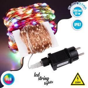 GloboStar® 85847 Διακοσμητική Γιρλάντα 32 Μέτρα με Controller 8 Προγραμμάτων Εναλλαγών Φωτισμού – 300 LED 18W AC 230V με Χάλκινο Καλώδιο & Πρίζα Schuko Αδιάβροχη IP67 RGB Μ32m