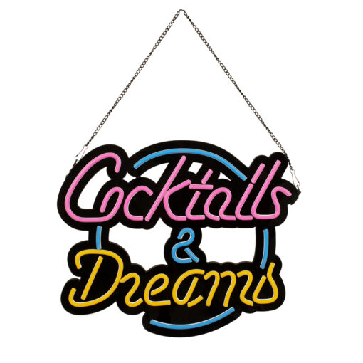 GloboStar® 85850 Φωτιστικό Ταμπέλα Φωτεινή Επιγραφή NEON LED Σήμανσης COCKTAILS & DREAMS 30W AC 230V με Διακόπτη On/Off Ροζ – Γαλάζιο – Κίτρινο
