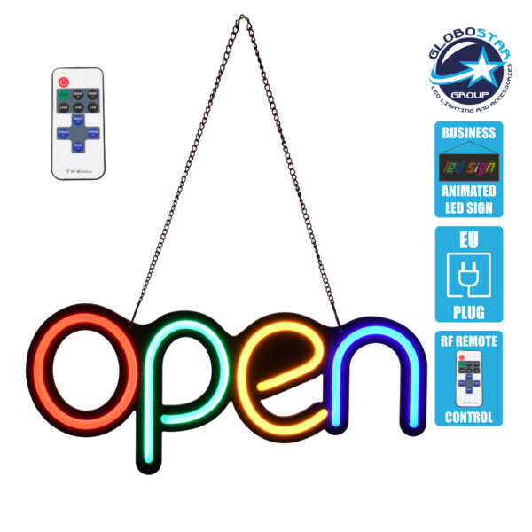 GloboStar® 85856 Φωτιστικό Ταμπέλα Φωτεινή Επιγραφή NEON LED Σήμανσης Animated OPEN 30W AC 230V με Διακόπτη On/Off και Ασύρματο Χειριστήριο IR Κόκκινο – Πράσινο – Κίτρινο – Γαλάζιο