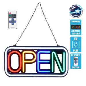 GloboStar® 85857 Φωτιστικό Ταμπέλα Φωτεινή Επιγραφή NEON LED Σήμανσης Animated Square OPEN 30W AC 230V με Διακόπτη On/Off και Ασύρματο Χειριστήριο IR Λευκό – Κόκκινο – Πράσινο – Κίτρινο – Γαλάζιο