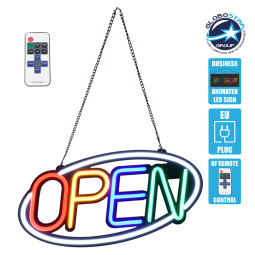 GloboStar® 85858 Φωτιστικό Ταμπέλα Φωτεινή Επιγραφή NEON LED Σήμανσης Animated Ovale OPEN 30W AC 230V με Διακόπτη On/Off και Ασύρματο Χειριστήριο IR Λευκό – Κόκκινο – Πράσινο – Κίτρινο – Γαλάζιο
