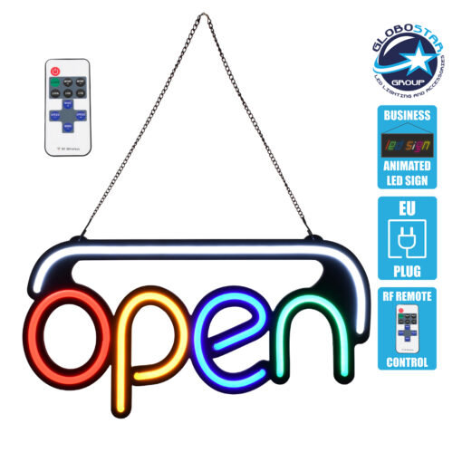 GloboStar® 85859 Φωτιστικό Ταμπέλα Φωτεινή Επιγραφή NEON LED Σήμανσης Animated OPEN 30W AC 230V με Διακόπτη On/Off και Ασύρματο Χειριστήριο IR Λευκό – Κόκκινο – Πράσινο – Κίτρινο – Γαλάζιο
