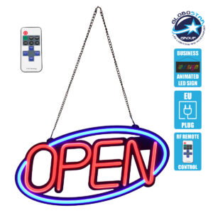 GloboStar® 85860 Φωτιστικό Ταμπέλα Φωτεινή Επιγραφή NEON LED Σήμανσης Animated Ovale OPEN 30W AC 230V με Διακόπτη On/Off και Ασύρματο Χειριστήριο IR Μπλε – Κόκκινο