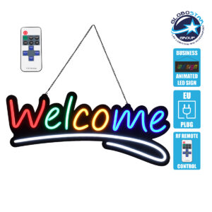 GloboStar® 85861 Φωτιστικό Ταμπέλα Φωτεινή Επιγραφή NEON LED Σήμανσης Animated WELCOME 30W AC 230V με Διακόπτη On/Off και Ασύρματο Χειριστήριο IR Κόκκινο – Πράσινο – Κίτρινο – Μπλε – Λευκό