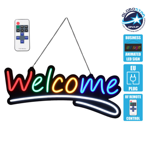 GloboStar® 85861 Φωτιστικό Ταμπέλα Φωτεινή Επιγραφή NEON LED Σήμανσης Animated WELCOME 30W AC 230V με Διακόπτη On/Off και Ασύρματο Χειριστήριο IR Κόκκινο – Πράσινο – Κίτρινο – Μπλε – Λευκό